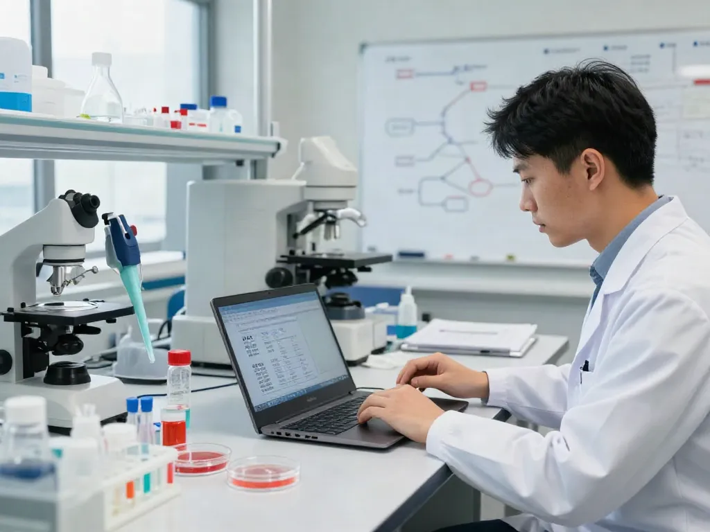 Researcher analyzing H19 gene sequences in a modern laboratory.