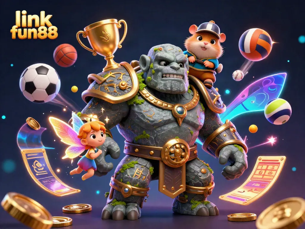 Engage with link fun88 in a vibrant 3D illustration featuring a magical golem guardian, a fairy, and a hamster knight.