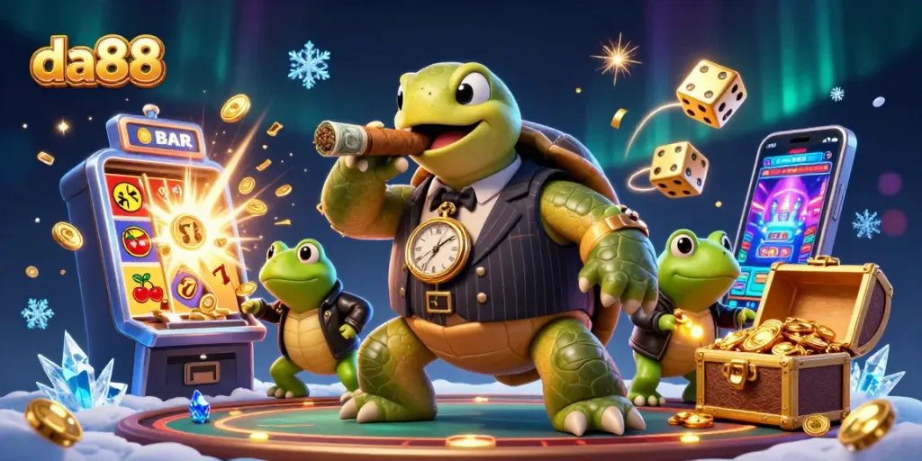 da88 presents a vibrant casino scene with a turtle in a suit, showcasing winning symbols and dynamic gaming action.