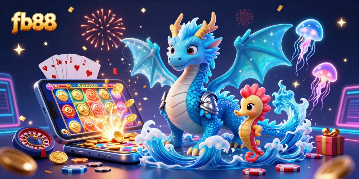 Join the fun at fb88 with a captivating scene of a water dragon and seahorse knight amidst casino elements.