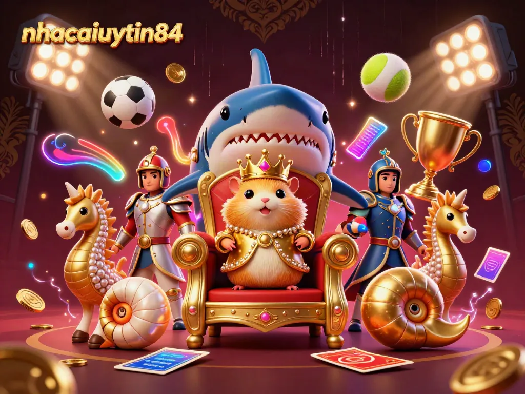 Join the excitement of nhacaiuytin84 with a golden hamster king and seahorse guards amid vibrant sports action.