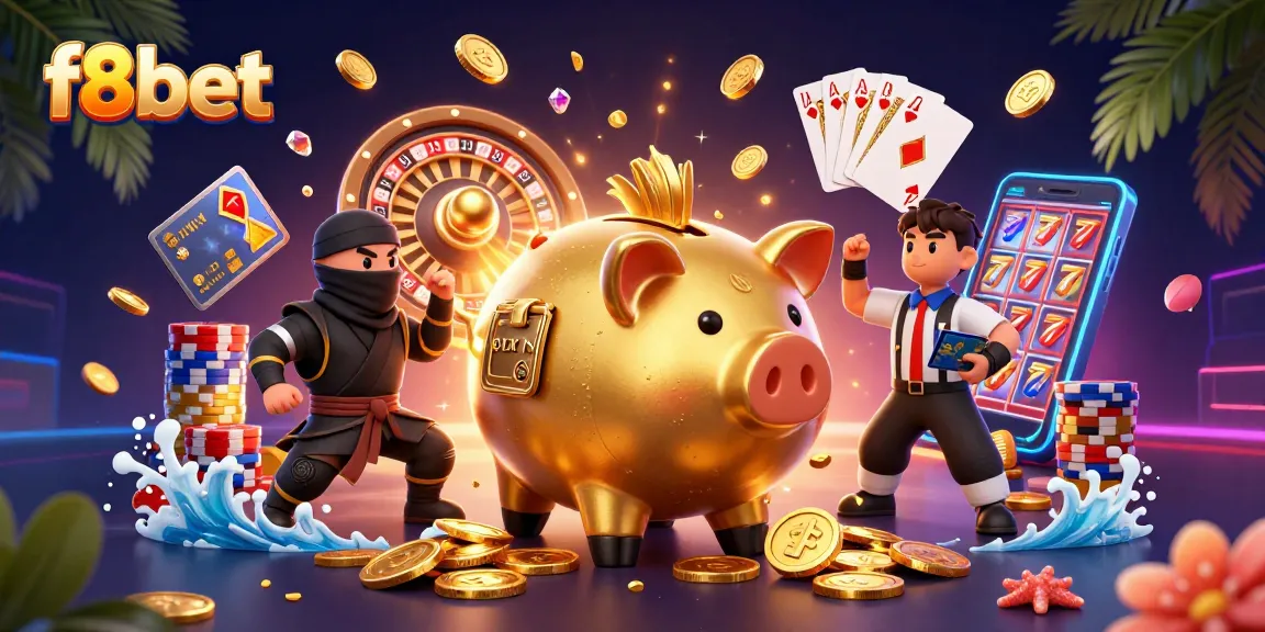 F8BET features a dynamic online casino scene with vibrant characters and gambling elements.