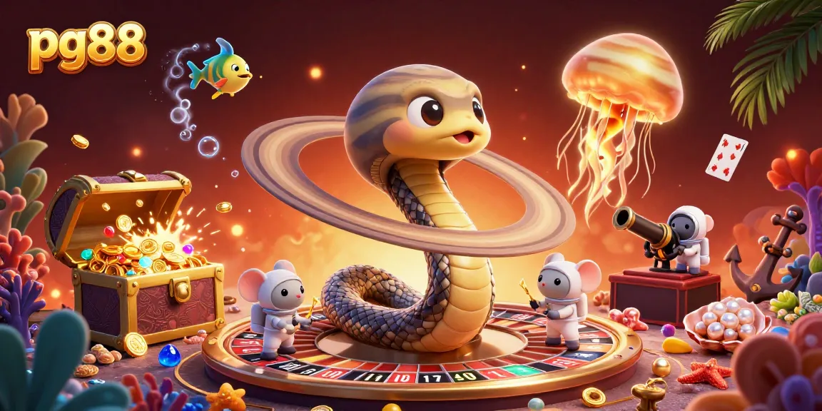 Engage with pg88's 3D cosmic gaming scene featuring a roulette wheel and astronaut mice.