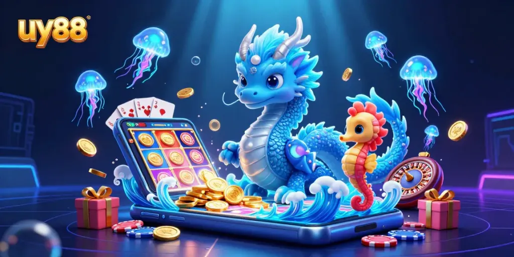 Win exciting rewards at uy88 with a vibrant gaming scene featuring a mystical dragon and thrilling slots.