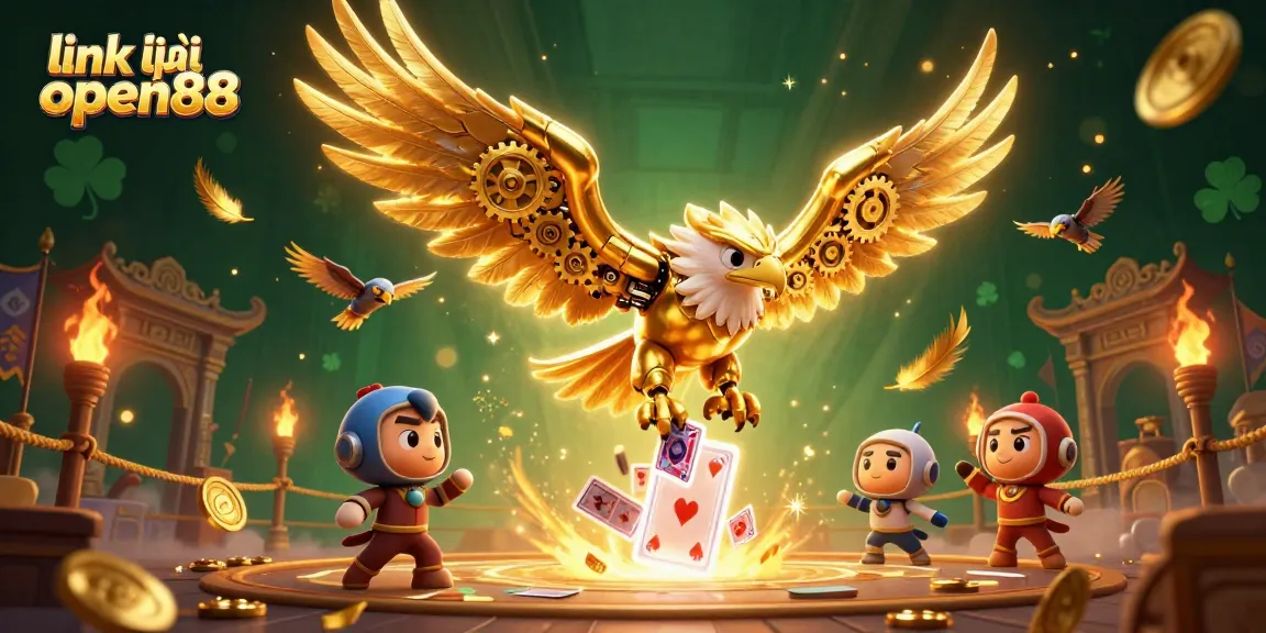 Engage in thrilling action with link vào open88 as a stylized golden eagle dives through holographic cards amidst swirling casino elements.