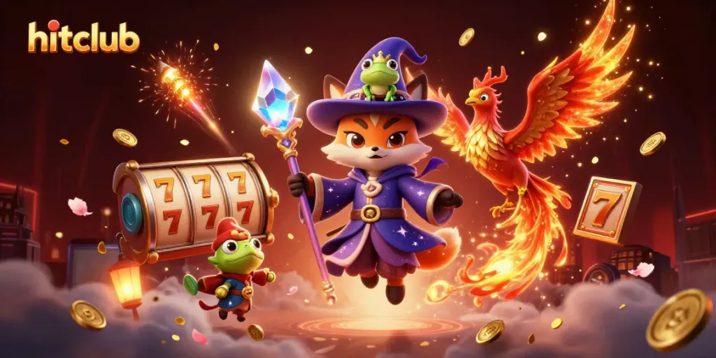 Experience thrilling wins at hitclub with a mystical wizard fox, phoenix, and slot game elements in this vibrant illustration.