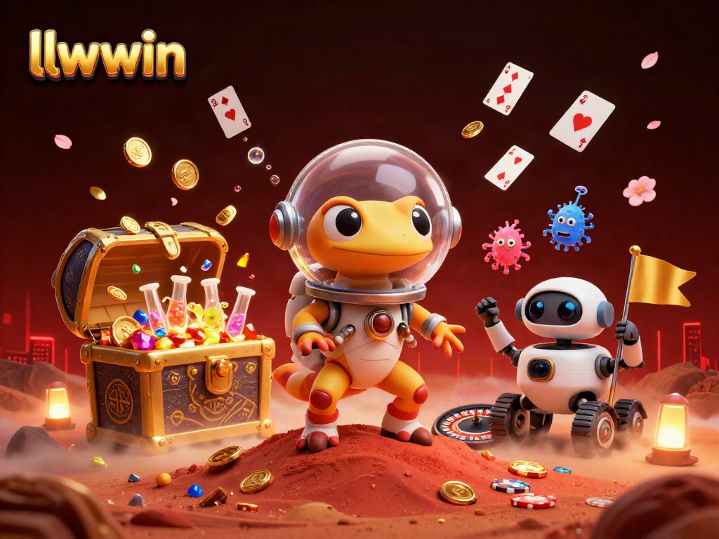llwwin showcases a Martian gecko exploring a golden casino with dynamic casino elements.