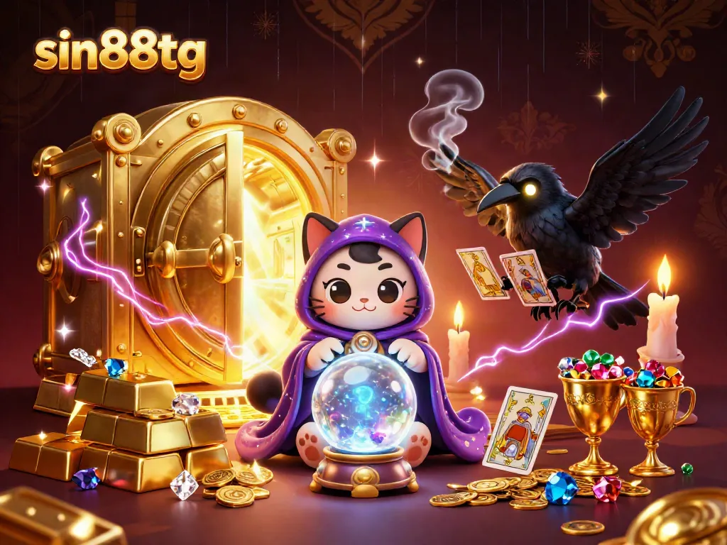 Experience the magical realm of sin88tg where a mystic cat reveals fortunes amidst sparkling treasures.