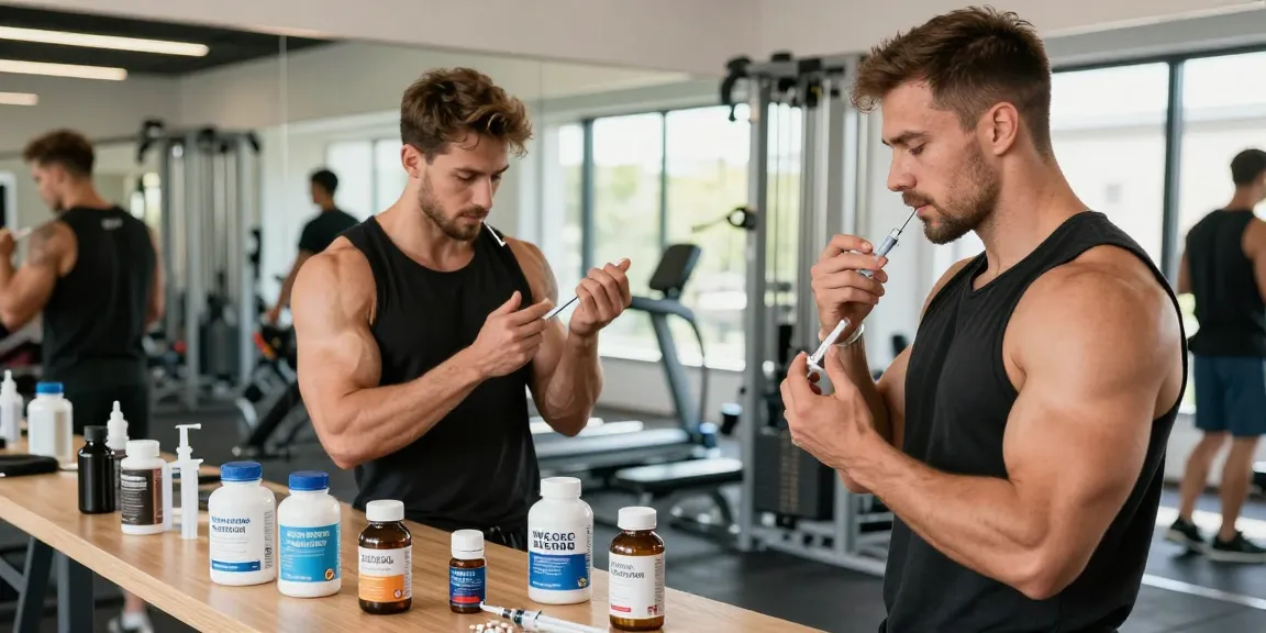 Prime Pharma Steroïden Winkel met atleten die steroïden gebruiken in een moderne gym.