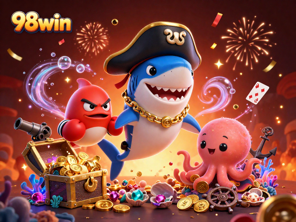 Join the action at 98win, where a cartoon pirate shark and friends celebrate with gold coins and casino excitement.