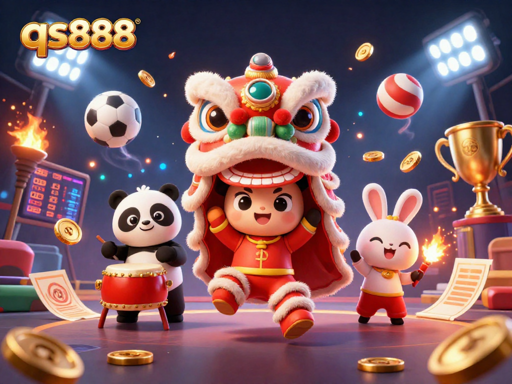 Experience the excitement of qs888 with a vibrant lion dance at the online casino, showcasing rich colors and dynamic sports elements.