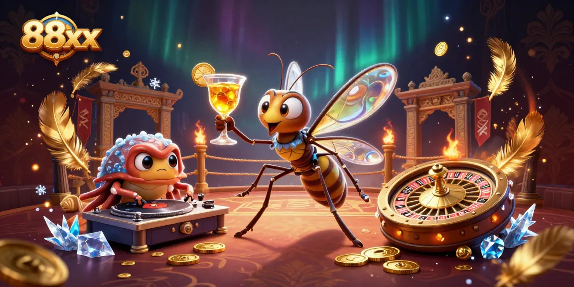 88xx casino scene with a frozen mosquito mascot, a trilobite DJ, and a golden roulette wheel.