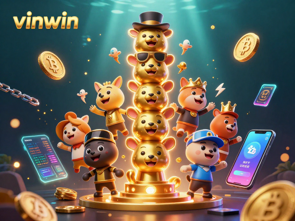 Join the action with vinwin's vibrant gaming scene featuring animated totem and crypto elements in a dynamic casino environment.