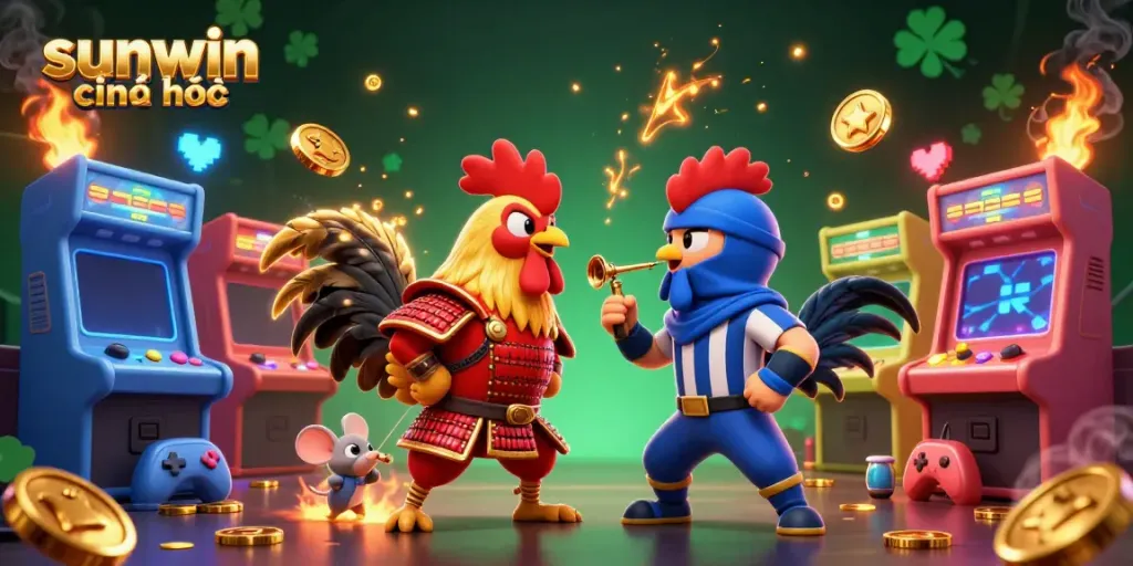 Experience the thrill of sunwin chính thức with fighting roosters amid colorful casino elements.