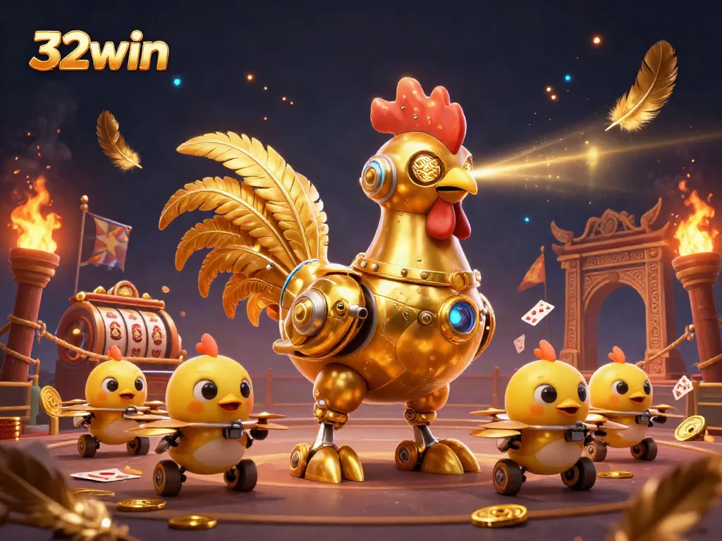 Engage with the dynamic 32win casino experience featuring a golden rooster robot and baby chick drones.