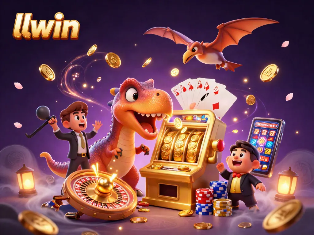 llwin jackpot scene with a dinosaur, casino manager, and flying coins.