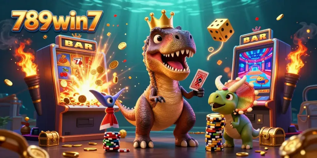 Engage with 789win7's vibrant 3D casino scene featuring characters and dynamic game elements.
