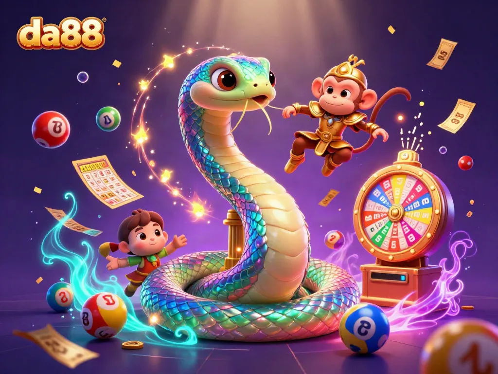 da88 showcases a vibrant 3D casino scene, featuring a rainbow serpent, monkey king, and dynamic gambling elements.