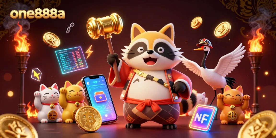 Engage with thrilling games at one888a, featuring exciting characters amidst vibrant casino elements and cryptocurrencies.