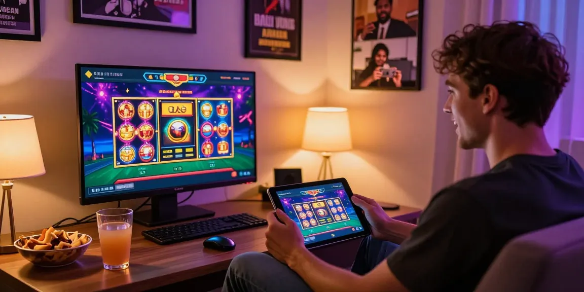 Excited player engaging with KO66 online casino interface, vibrant gaming atmosphere, live dealer game on tablet.