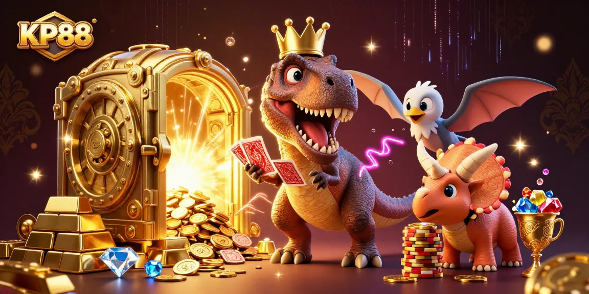 KP88 showcases a vibrant scene with cartoon dinosaurs engaged in exciting gambling activities, full of gold and gems.