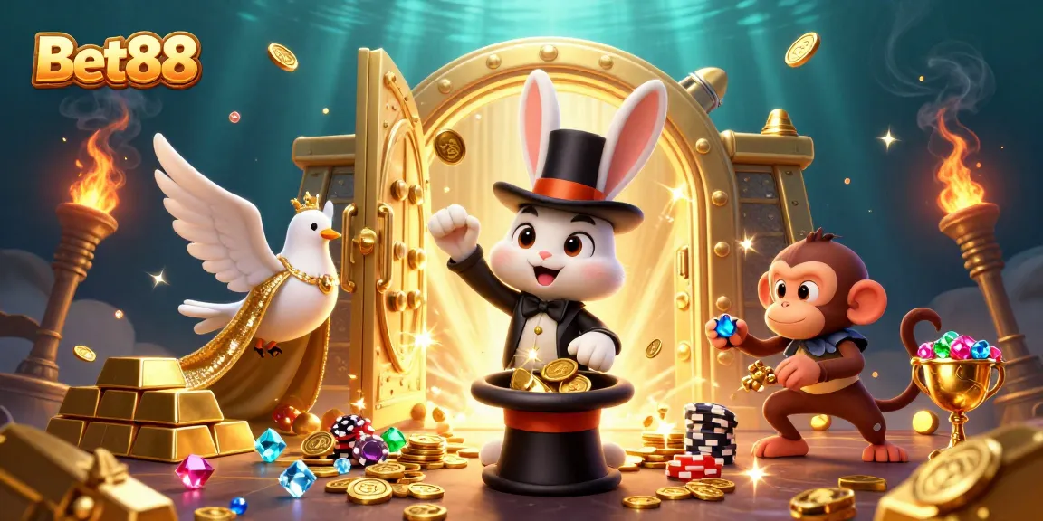 Experience exciting gaming at Bet88 with a playful magician rabbit and friends showcasing thrilling casino elements.