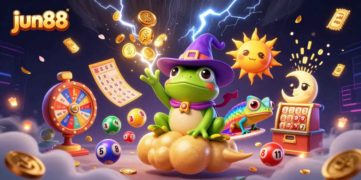 Win big with jun88 as a magical frog and chameleon create a gold coin storm in this vibrant casino illustration.