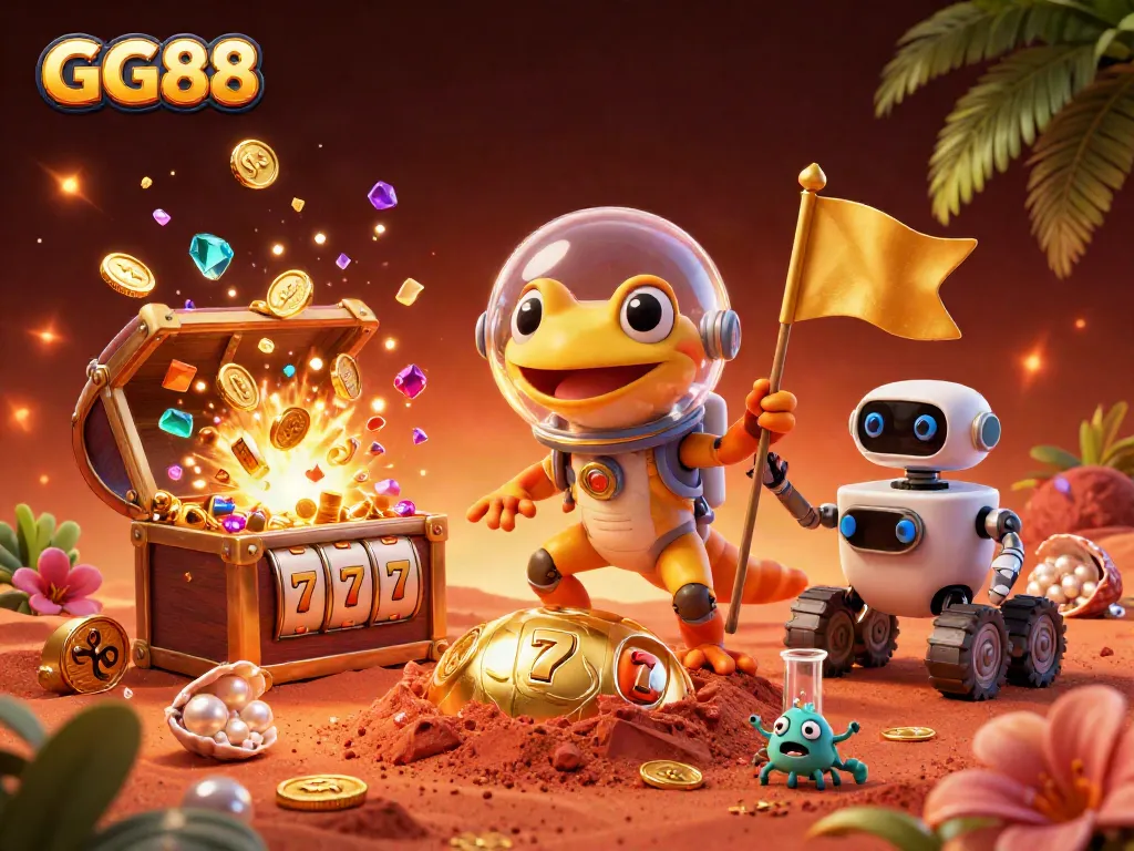 Experience thrilling moments at GG88 with a cartoon gecko exploring a golden casino treasure.