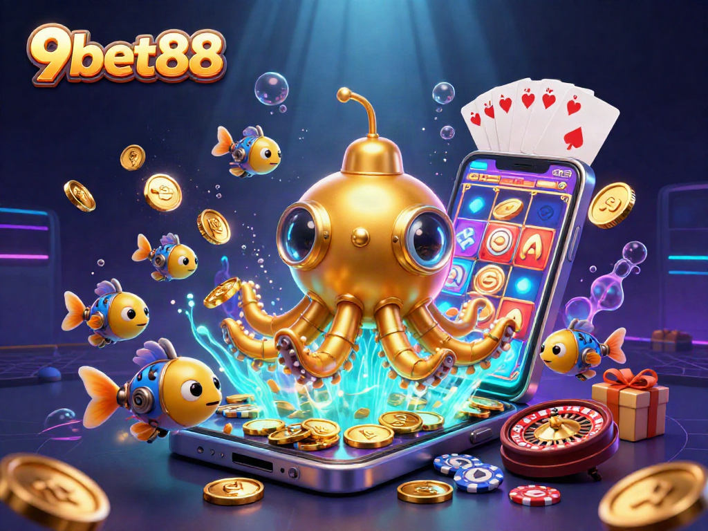 Engage with the thrilling underwater adventure in 9bet88's golden kraken submarine scene, featuring casino slot games.