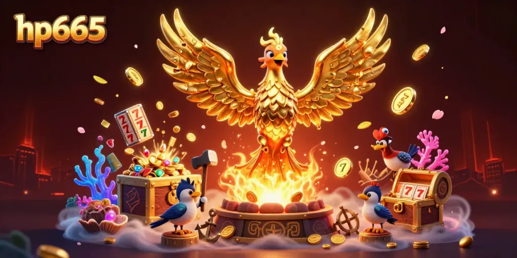 hp665 slots scene featuring a golden phoenix and blacksmith helpers, amidst coins and magical treasures