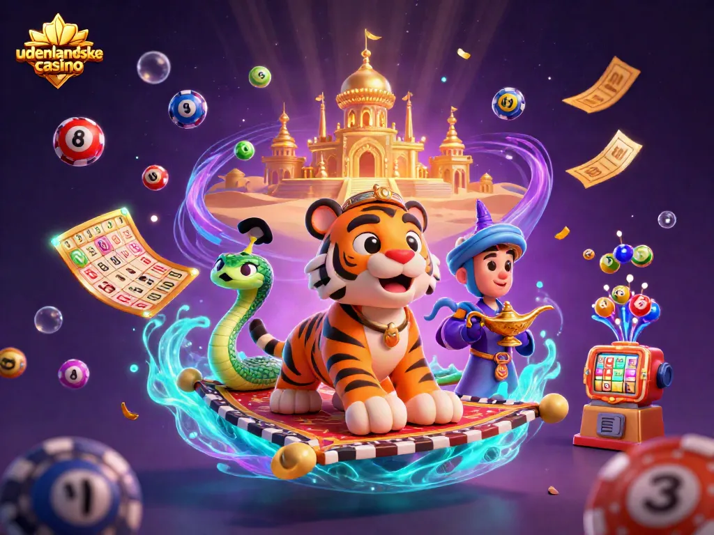 Engage with udenlandske casino excitement featuring a charismatic sultan on a magical carpet surrounded by casino elements.
