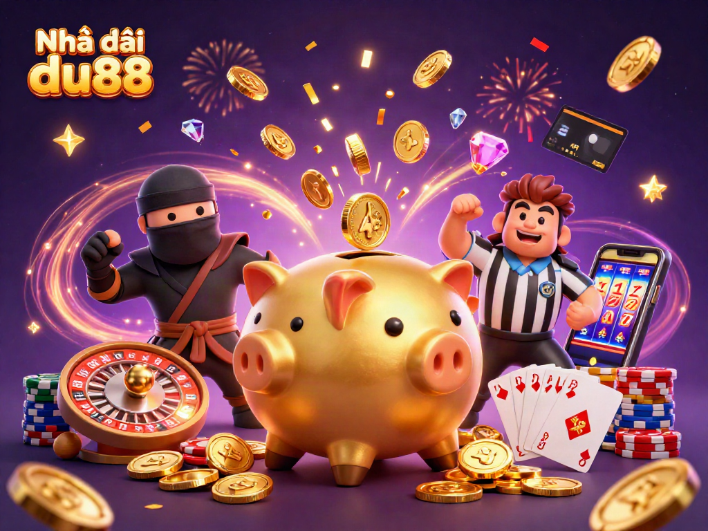 Engage with Nhà cái du88's vibrant casino action featuring a playful golden piggy bank sumo wrestler amidst swirling coins.