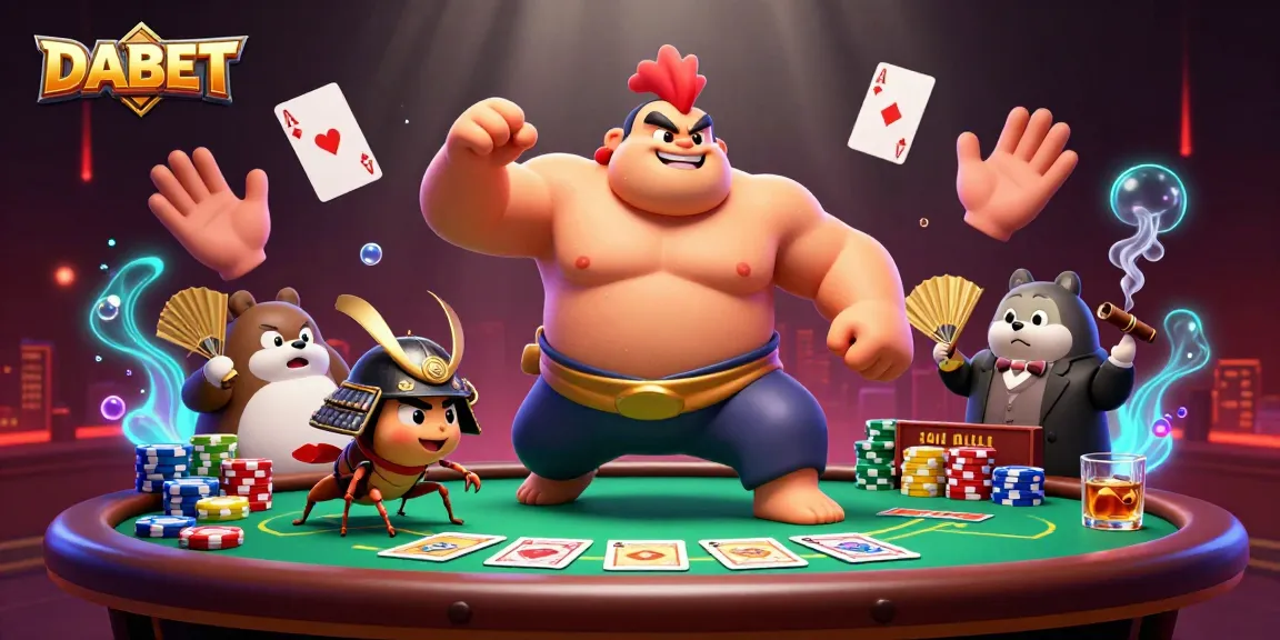 DABET offers an exciting casino experience with a sumo wrestler, fighting cricket, and tanuki in a vibrant illustration.