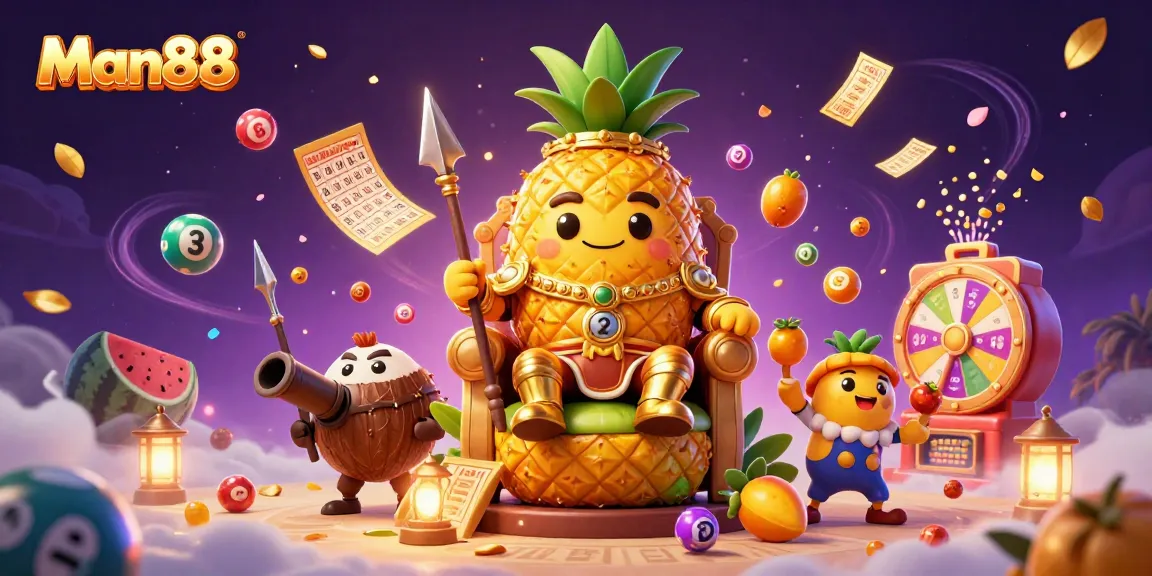 Engage with Man88 in a vibrant casino scene featuring a golden pineapple king and exciting game elements.