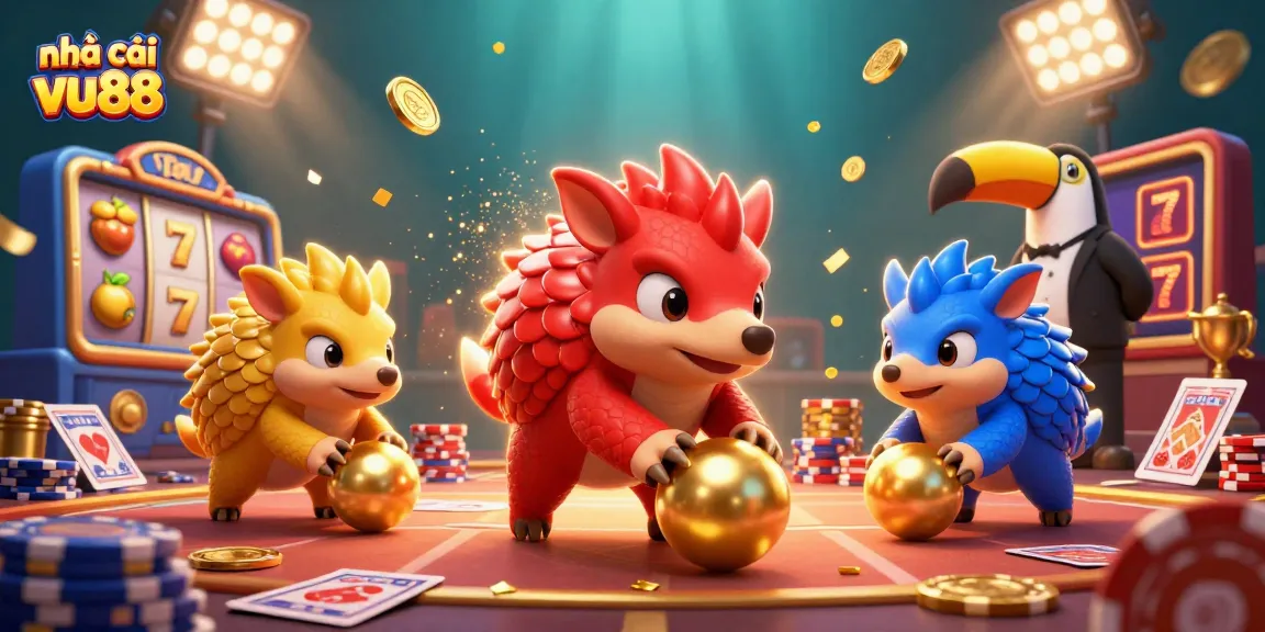Engage in thrilling action with nhà cái vu88 as rival pangolins battle in a vibrant casino scene.