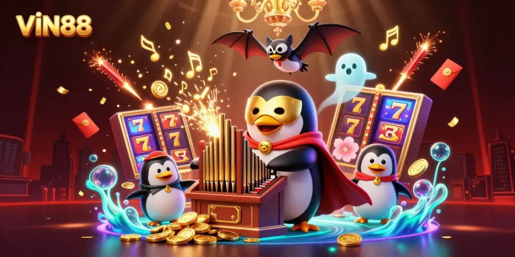 Experience winning at VIN88 with a dynamic 3D illustration of a penguin playing an organ that shoots coins.