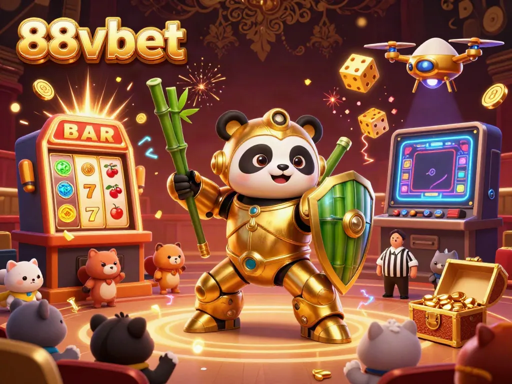 Join the thrilling action at 88vbet with a golden panda piloting a fighting robot amid casino excitement!