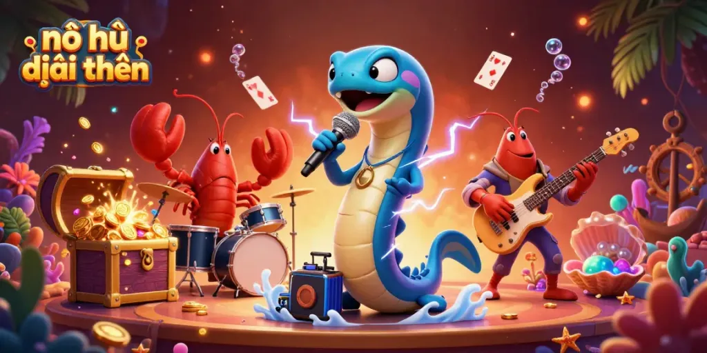 Experience the excitement of nổ hũ đổi thưởng with vibrant underwater characters and treasures in a colorful casino scene.