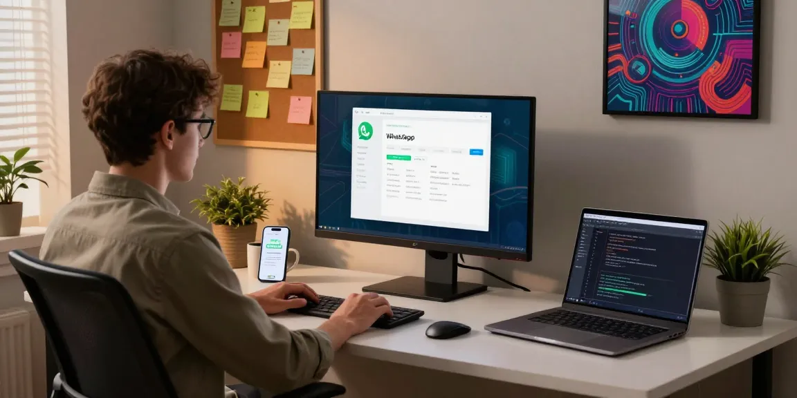 Seated at a desk using WhatsApp電腦版 in a modern home office setup with tech elements.