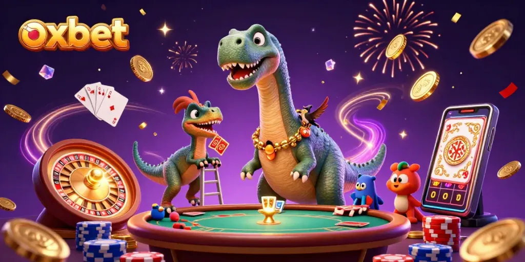 Experience thrilling gameplay at oxbet with vibrant cartoon characters in a lively casino scene.