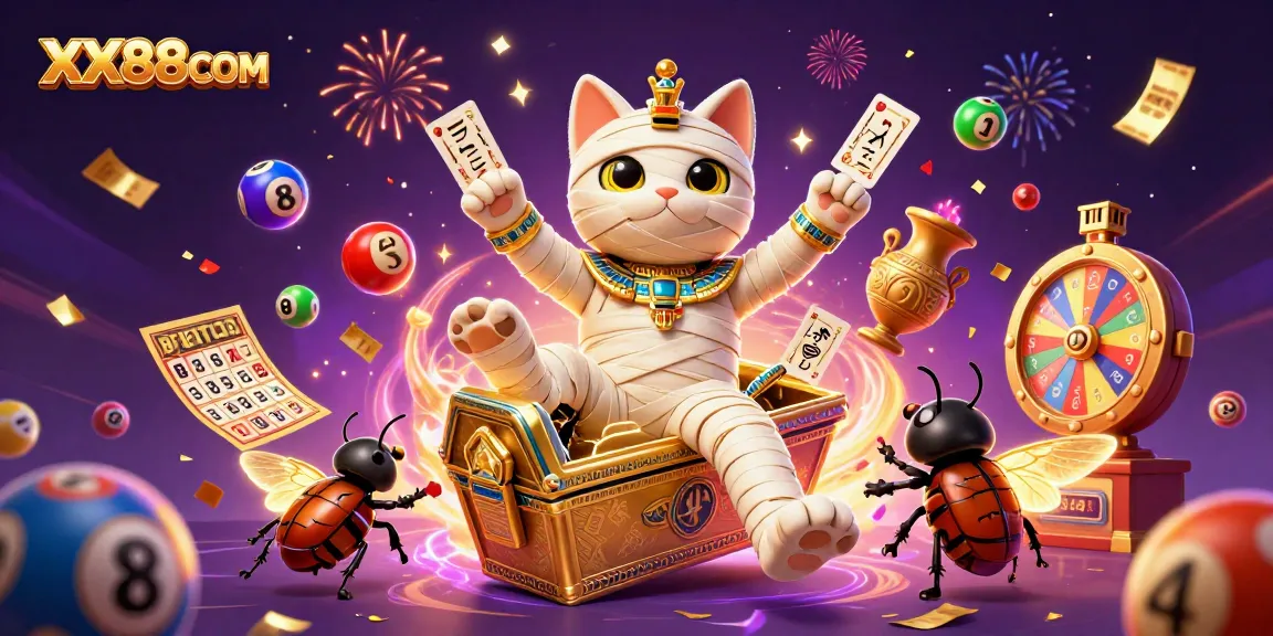 Engage in premium gaming excitement at XX88COM with an Egyptian mummy cat and vibrant casino elements.