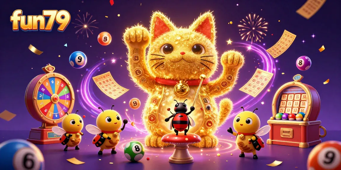 fun79 showcases a vibrant casino experience with fireworks and a lucky cat made of fireflies.