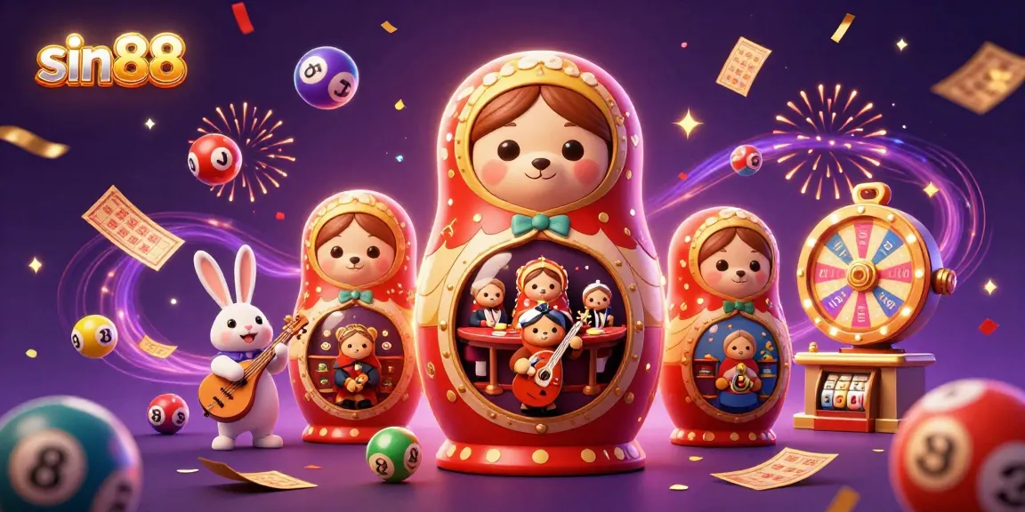 Experience the excitement of sin88 with a vibrant 3D cartoon casino illustration showcasing dealers, lottery balls, and festive elements.