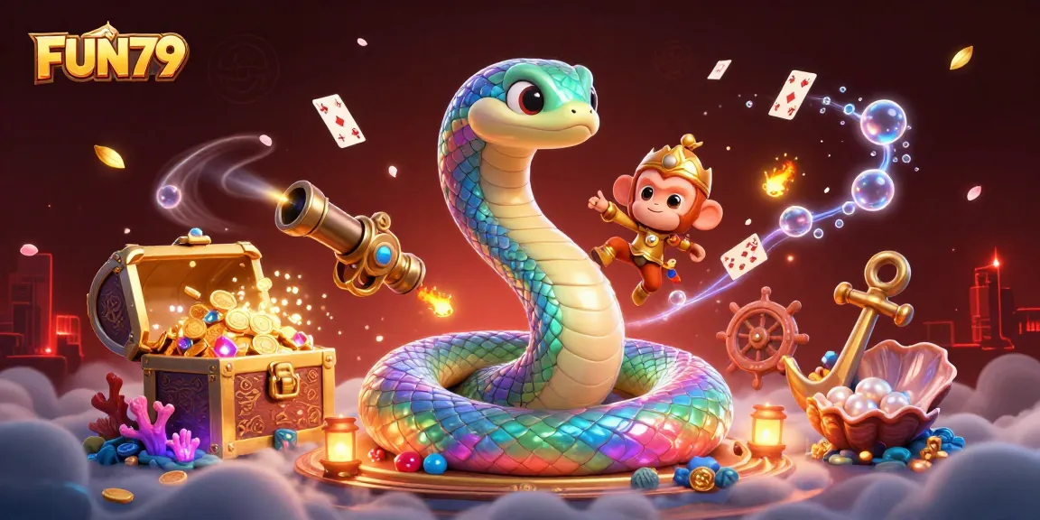 Win big with FUN79 in a vibrant 3D casino scene filled with treasure and magic.