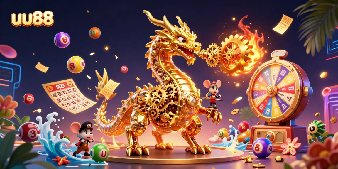 Experience thrilling moments with uu88: A dynamic casino scene showcasing vibrant lottery elements and a golden dragon.