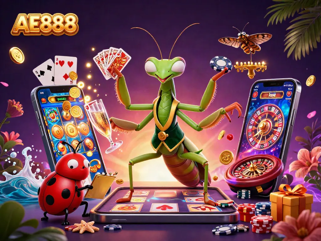 Experience exciting casino action with AE888's vibrant digital illustration, showcasing a lively casino scene.