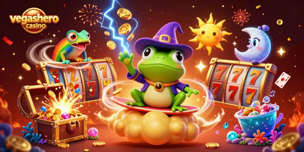 Engage with vegashero casino's thrilling games through a magical scene of 3D characters.