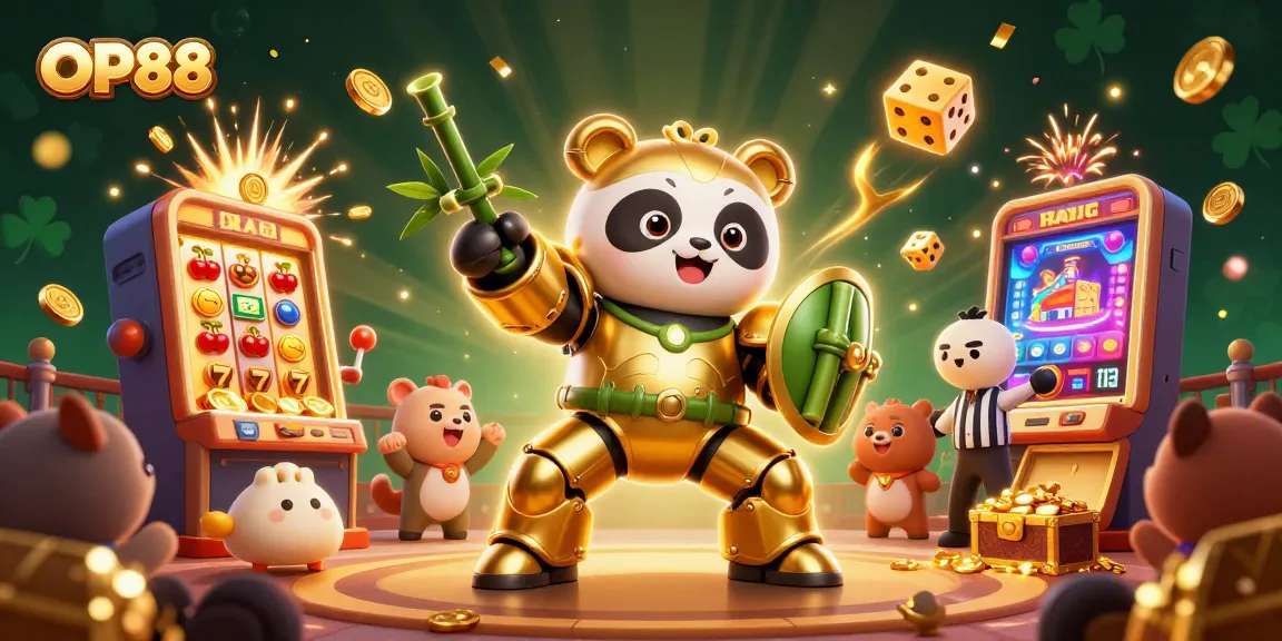 Engage with OP88's thrilling gaming world featuring vibrant 3D illustrations of exciting slot machines and characters.