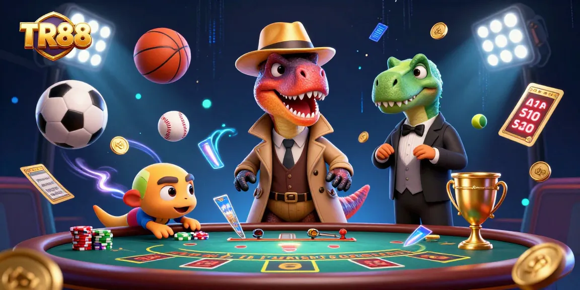 TR88 offers an exciting casino scene with a card-counting velociraptor, sporting elements flying around.