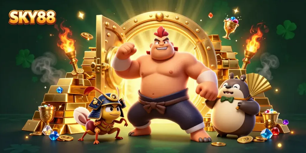 Experience the thrilling action at SKY88 with a powerful sumo wrestler and dynamic casino elements.